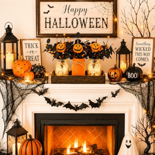 Lighted Halloween Pumpkin Mason Jar Centerpiece for Home Decor