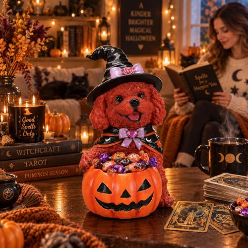 Brown Poodle Dog Statue - Hand-Painted Lifesize Sculpture with Festive Witch Cape