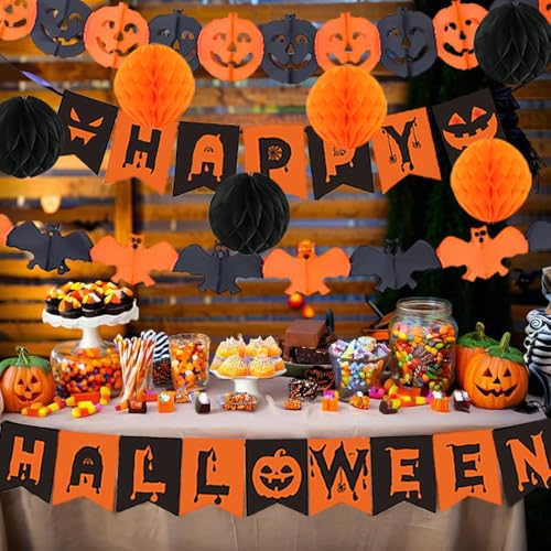 Halloween Party Decorations Banner Pumpkin Bats & Pom Poms Set - Fall Festive Decor