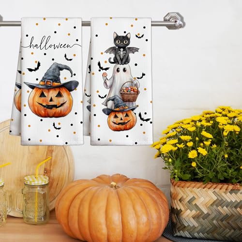 Halloween Kitchen Towels Set of 2 - White Ghost, Black Cat, Pumpkin & Bats Decor