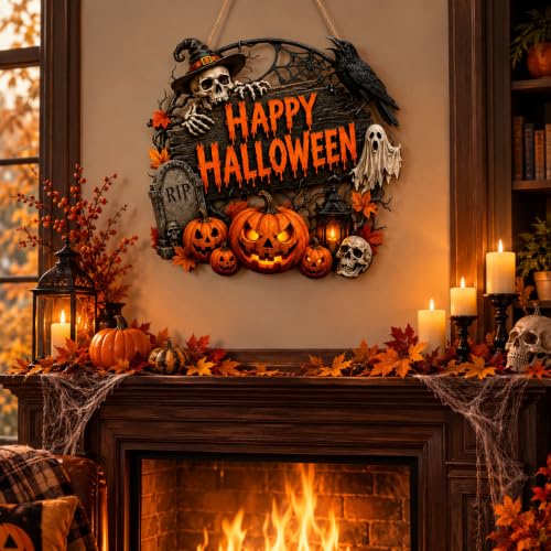 Happy 40 Halloween Door Sign Wooden Decoration - Distressed Rustic Style