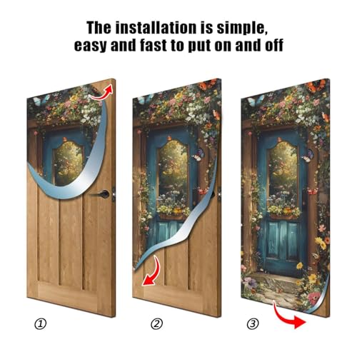 Spring Flower Wood Door Cover - Stretch Fabric Porch Decoration 35x79 in - Spring Flowers Variation