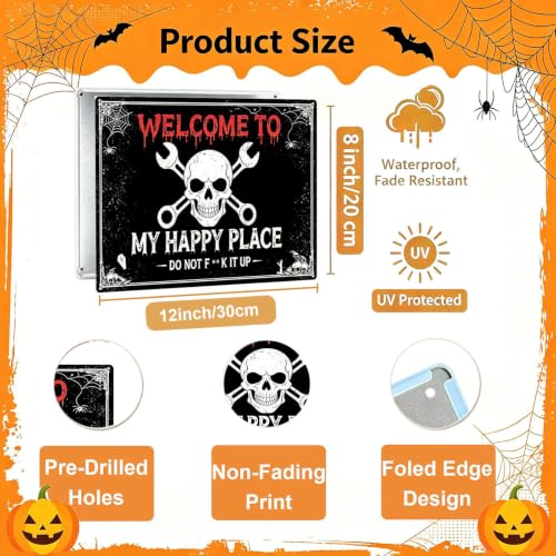 Halloween Decorations Welcome to My Happy Place Metal Sign TPH372 Gothic Skull Wall Art