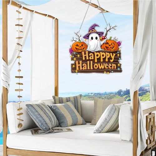 Halloween Ghost Diamond Art Hanging Kit - Pearl & Unique Shape Design, Pumpkin Variation