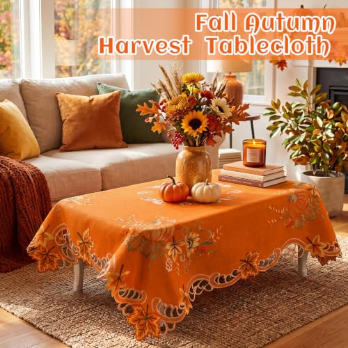 Fall Tablecloth 34 Inch Square Embroidered Pumpkin Sunflowers Autumn Decor - Rust Orange