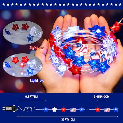 Patriotic String Lights 33FT 100 LEDs with 16 Modes & Timer - Red White Blue Star & Flag Variation of THIS listing