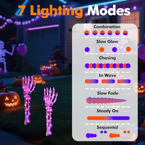 Halloween Skeleton Arm Stakes Outdoor Decorations - Gray, Solar Lighted, IP65 Waterproof, 5-Pack