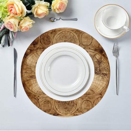 Round Placemat Set of 6 with World Map Design - Heat Resistant & Washable