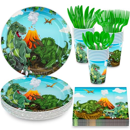Dinosaur Party Supplies Set for Kids - Plates, Napkins, Cups & Cutlery, Serves 24