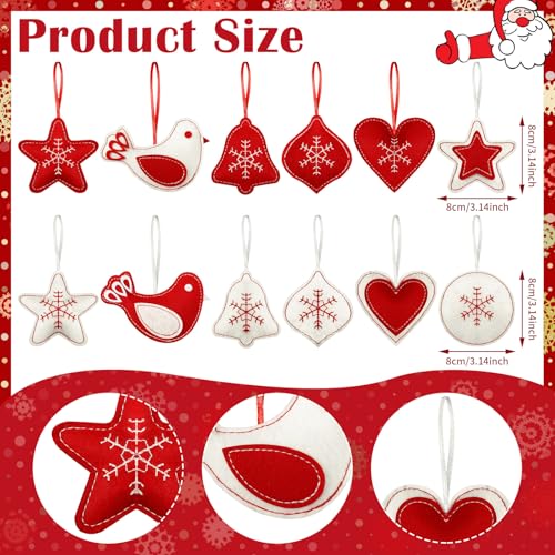 Christmas Felt Ornaments Set - 12 Assorted 3D Snowflake & Holiday Decorations, Red & White Variation