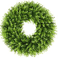 18 Inch Artificial Boxwood Wreath for Front Door Wall & Window Decor - Green Bow, All-Season Holiday Indoor Outdoor