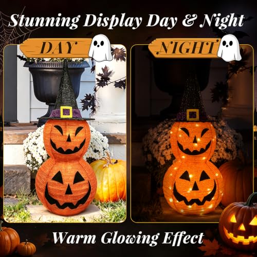 Halloween Lighted Jack‑O'‑Lantern Pumpkin with Witch Hat - Collapsible LED Decor