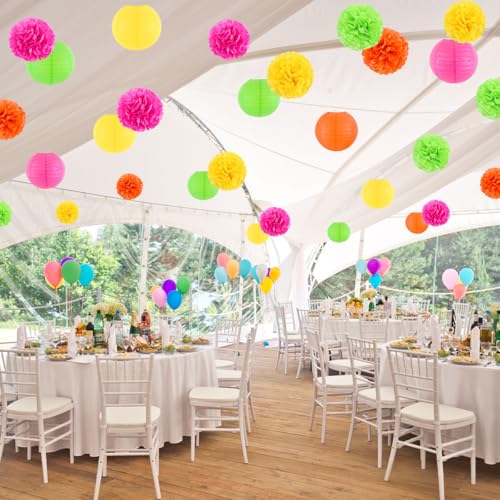 Neon Paper Lanterns and Pom Poms Glow Party Decorations - 15pcs - Neon