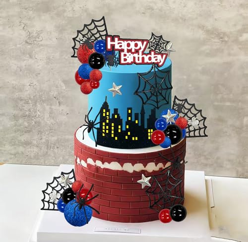 Spider Cake Topper Spider Web Decoration Set - Red-Blue Hero Theme Birthday Party Supplies