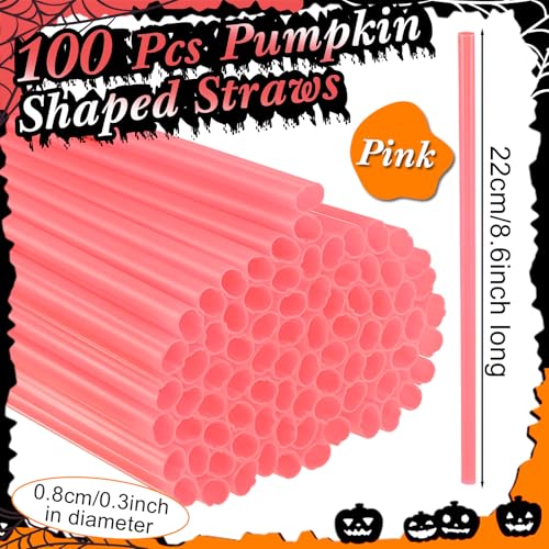 Pink Halloween Pumpkin-Shaped Plastic Straws - 100 Pieces, Party Supplies