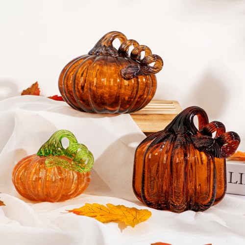 Brown Glass Pumpkin Fall Decor Set - 3 Handblown Autumn Pumpkins, Halloween & Thanksgiving Centerpiece