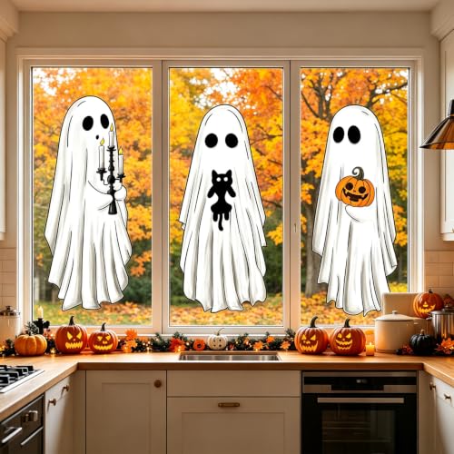 Halloween Ghost Window Clings Set - Large Ghost Pumpkin Bats for Holiday Decor