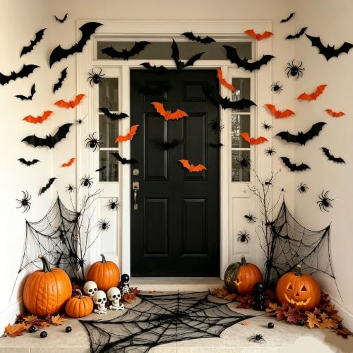 Halloween Wall Stickers - 64PCS 3D Bats & Spiders Reusable Waterproof Decals - Color 1