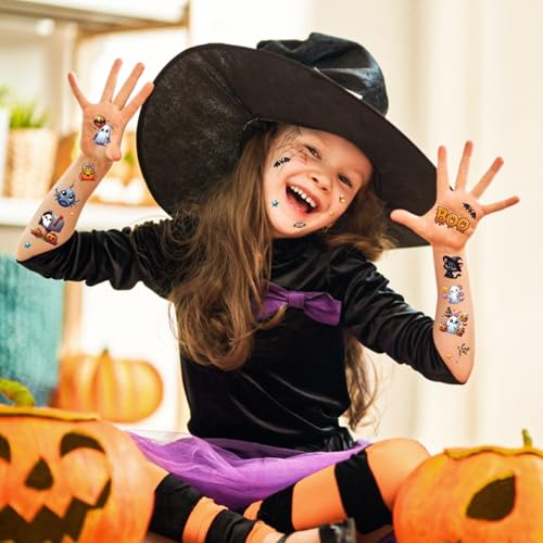Halloween Temporary Tattoos Set - 8 Sheets 200+ Spooky & Cute Designs - Happy Boo Day Variation