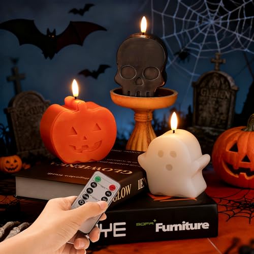 Halloween Flameless Candles with Remote Control Set - Cute Ghost Pumpkin Skull