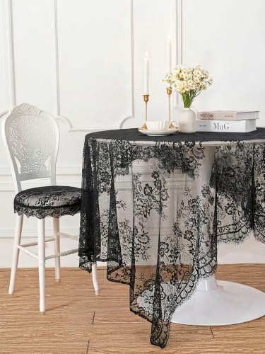 Black Lace Tablecloth 60 x 120 Inches - 5 Piece Rectangular Set - Elegant Wedding & Party Decor