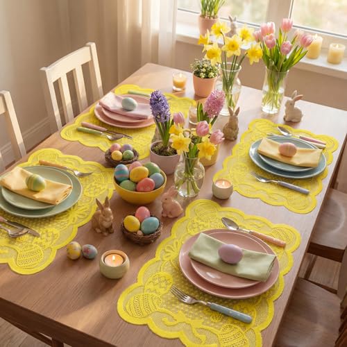 Yellow Egg Lace Easter Placemats Set of 4 - 12x18 Inch Rectangular Table Decor
