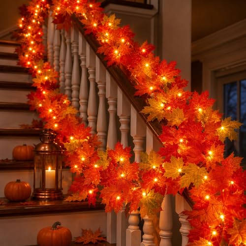 9FT Fall Garland with Lights - Connectable Orange Incandescent Bulbs, Indoor Outdoor Halloween Thanksgiving Decor - 1 Pack