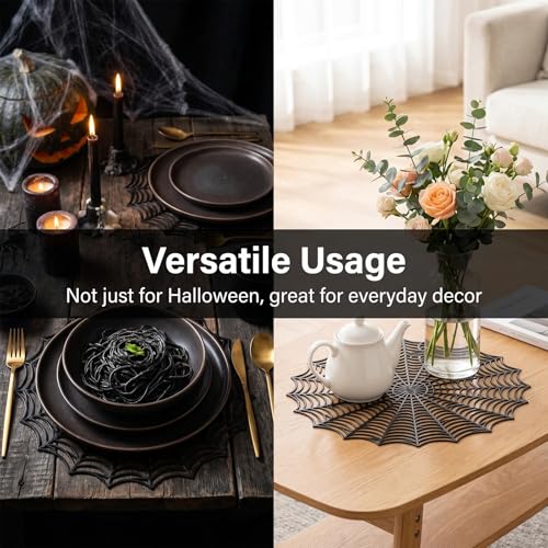 Halloween Spider Web Placemats Set of 4 - Black Round Washable Table Decor
