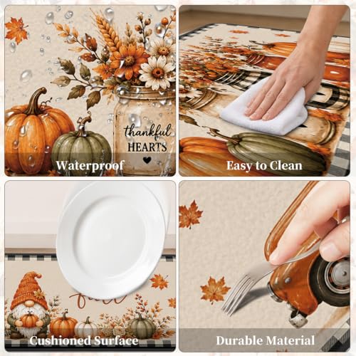 Fall Kitchen Rugs Set of 3 with Gnome Truck and Buffalo Plaid - Farmhouse Decor