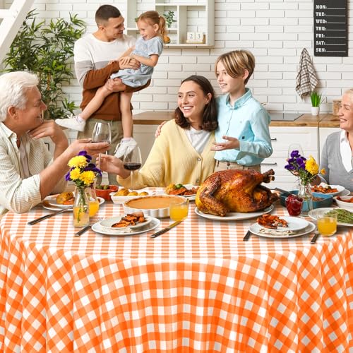 Orange Gingham Round Tablecloth 54x108 Inches - Pack of 6, Fall Checkered Cover - Orange-Round