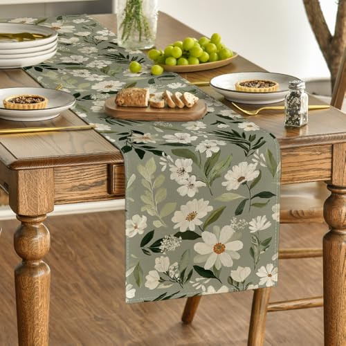 Olive Green Daisy Flowers Table Runner - 13x108 Inch Seasonal Kitchen Decor