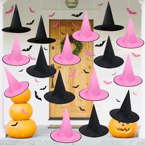 Halloween Hanging Witch Hats Set with Bat Wall Decor & Rope - Spooky Indoor Outdoor Party Decorations