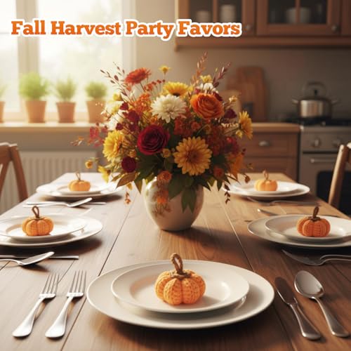 12 Pcs Fall Knit Pumpkins - Orange Thanksgiving Decor, 2 Inch Set