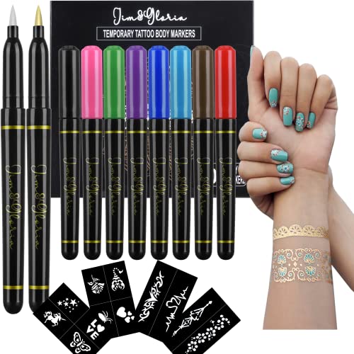 Kids & Teens Temporary Tattoo Pen Set with 10 Colors, Metallic Gold & Silver, Face & Body Art Kit