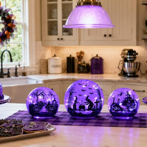 Halloween Glass Ball Decor Set - 3 Pack Purple LED Globes with Timer - Witch, Pumpkin & Bat Scenes