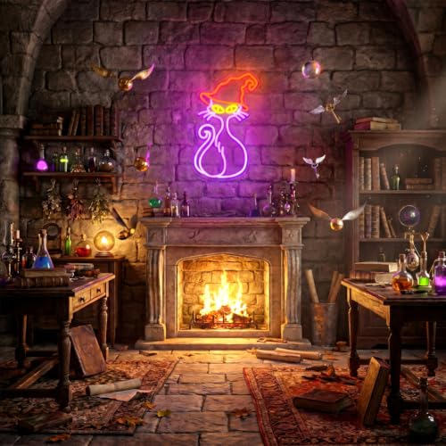Witch Cat Neon Sign Wall Decor - 15.75x10.08 Inch LED Halloween Light with Dimmer