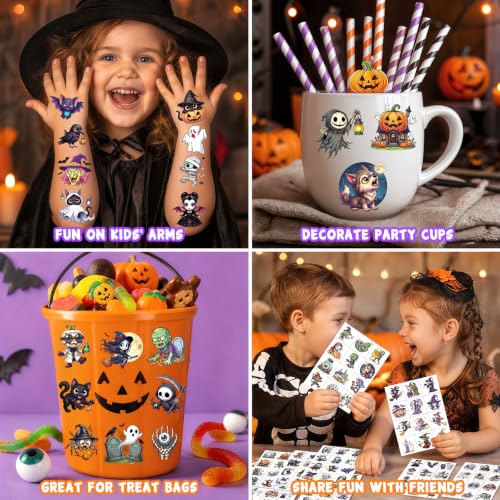 Halloween Pre-Cut Temporary Tattoos for Kids - 192 Designs, 16 Sheets