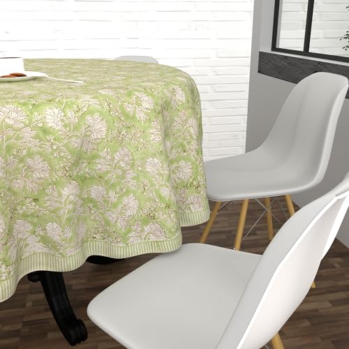 Mint Blossom Tablecloth - 90 Inch Round 100% Cotton Hand Block Print - Farmhouse & Holiday Decor