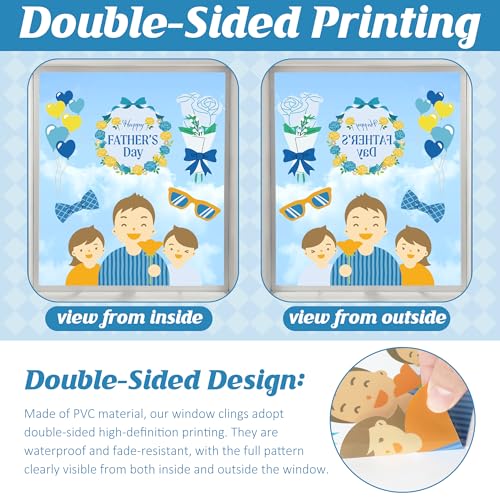Father's Day Window Clings - Blue Double-Sided Decorations, 77PCS Gift Set