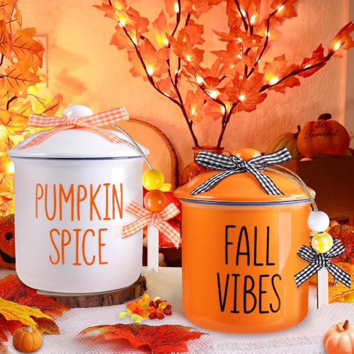 Fall Ceramic Canisters Set - Thanksgiving Candy Holders with Wooden Tags