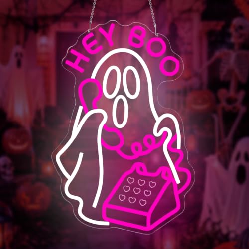 Hey Boo Halloween Neon Sign for Wall Decor Pink Ghost Dimmable USB LED