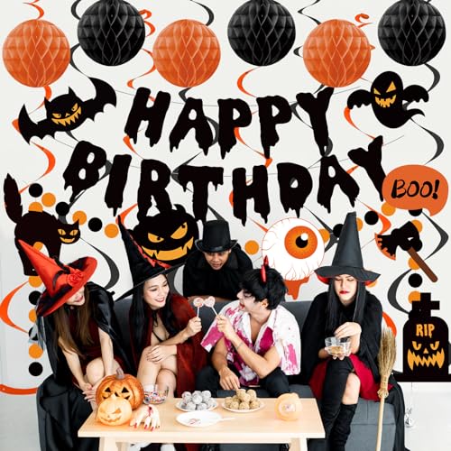 Halloween Birthday Decorations Banner Black Orange - Spooky Party Supplies