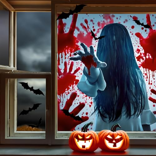 Large Halloween Window Decal with 12 Bat Stickers - Indoor & Outdoor Decoration