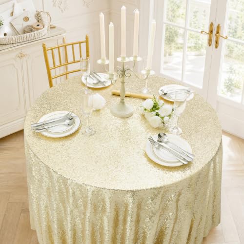 Light Gold Sequin Round Tablecloth 120 Inch Sparkly Cover for Parties & Events