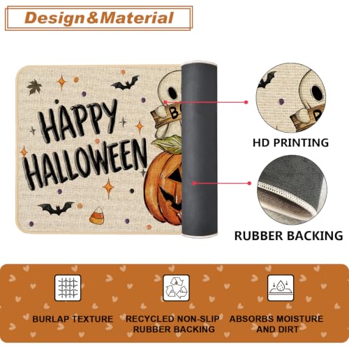 Halloween Ghost Kitchen Rugs Set of 2 - 17x29 & 17x47 Inches, Black Cat Variation