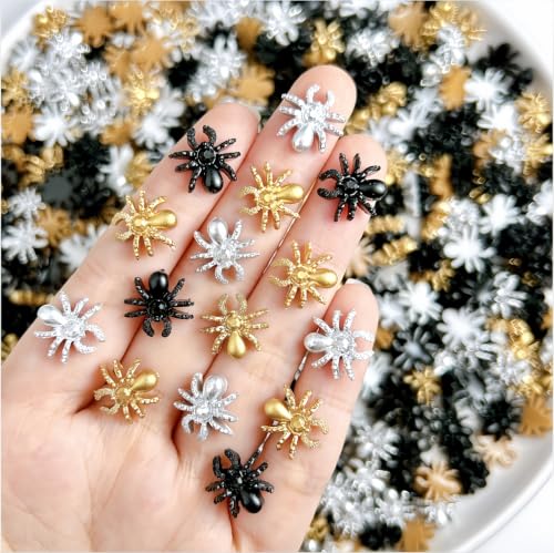Halloween 3D Spider Nail Charms Set - Black Gold Silver Rhinestones & Spiders - 120 Pcs - Variation: Spider