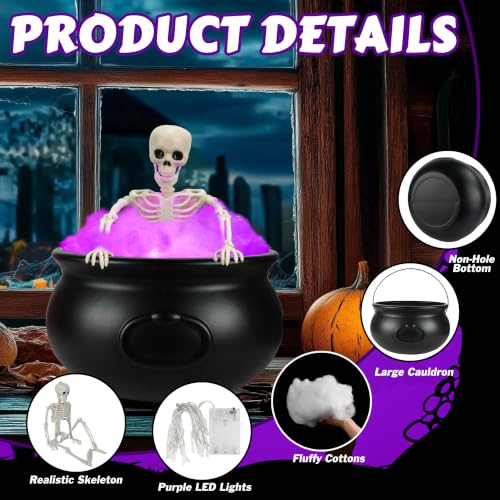 Purple Halloween Witches Cauldron Decor Set with Skeleton & LED Lights - Outdoor Yard Porch
