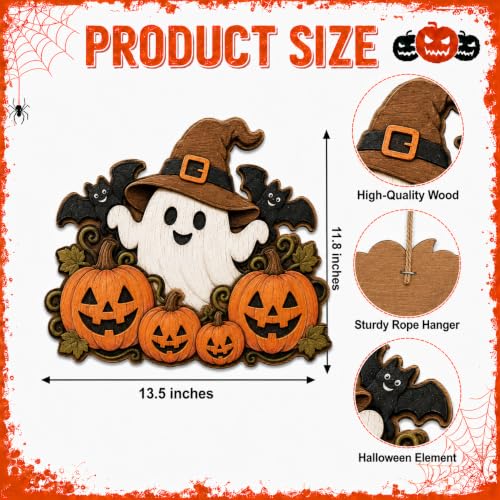 Halloween Ghost Door Hanger - Wooden Witch Hat Pumpkin Wreath Sign - Ghost Witch Pumpkin Variation