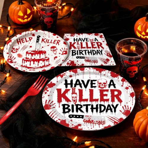 Killer Bloody Hand Disposable Party Plates Napkins & Forks Set - Halloween & Horror Theme Variation