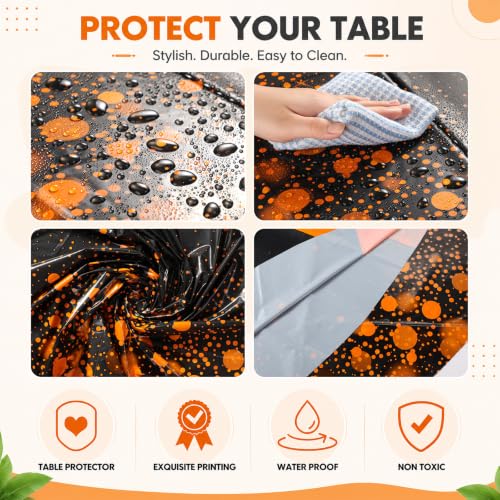 6 Pcs Black and Orange Round Plastic Tablecloths - 84 Inch Disposable Party Cover
